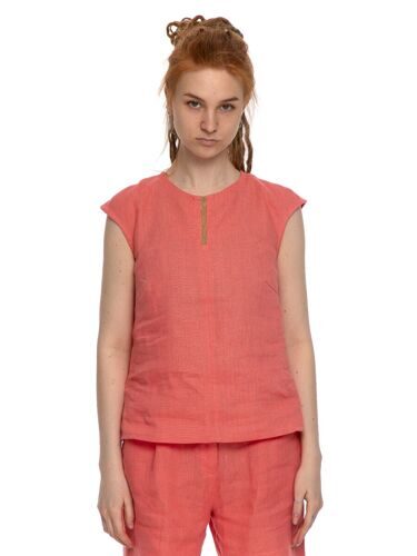 Блуза льняная со спущенными плечами, коралловая